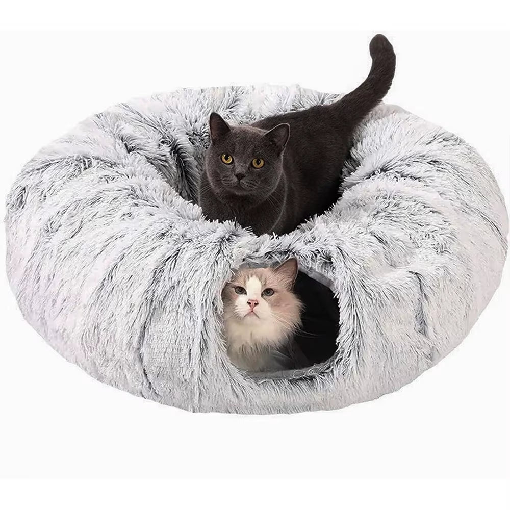 Winter New Arrival Plush Cat Tunnel Bed Foldable Two-In-One round Warmth Pet Nest Thickened Cozy Cuddly Cat Hideaway