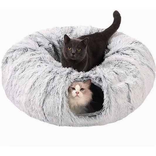 Winter New Arrival Plush Cat Tunnel Bed Foldable Two-In-One round Warmth Pet Nest Thickened Cozy Cuddly Cat Hideaway