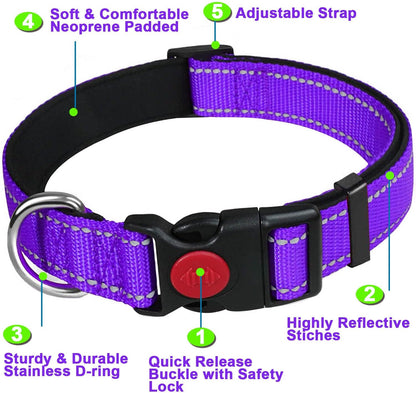 ATETEO Dog Collar, Reflective Adjustable Basic Dog Collar with Soft Neoprene Pad